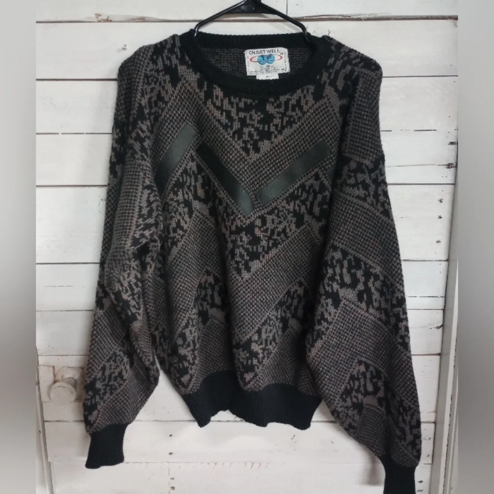 Vintage Chartwell 80's Mens Size Medium Sweater Geometric Design Leather Patches